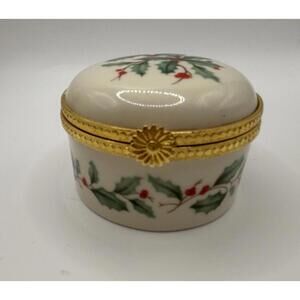 Vintage Lenox Holly Berry Porcelain Round Hinged Holiday Trinket Box  Gold Trim